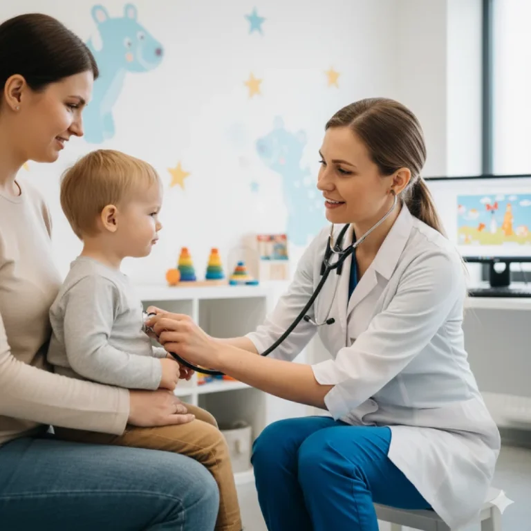 Pediatra konsultācija par bērnu veselības stāvokli. Pediatrs izmanto fonoendoskopu