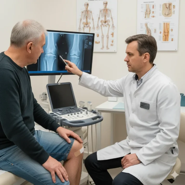 Dr. Dmitrijs Bodrovs consulting a patient for trauma and fractures.