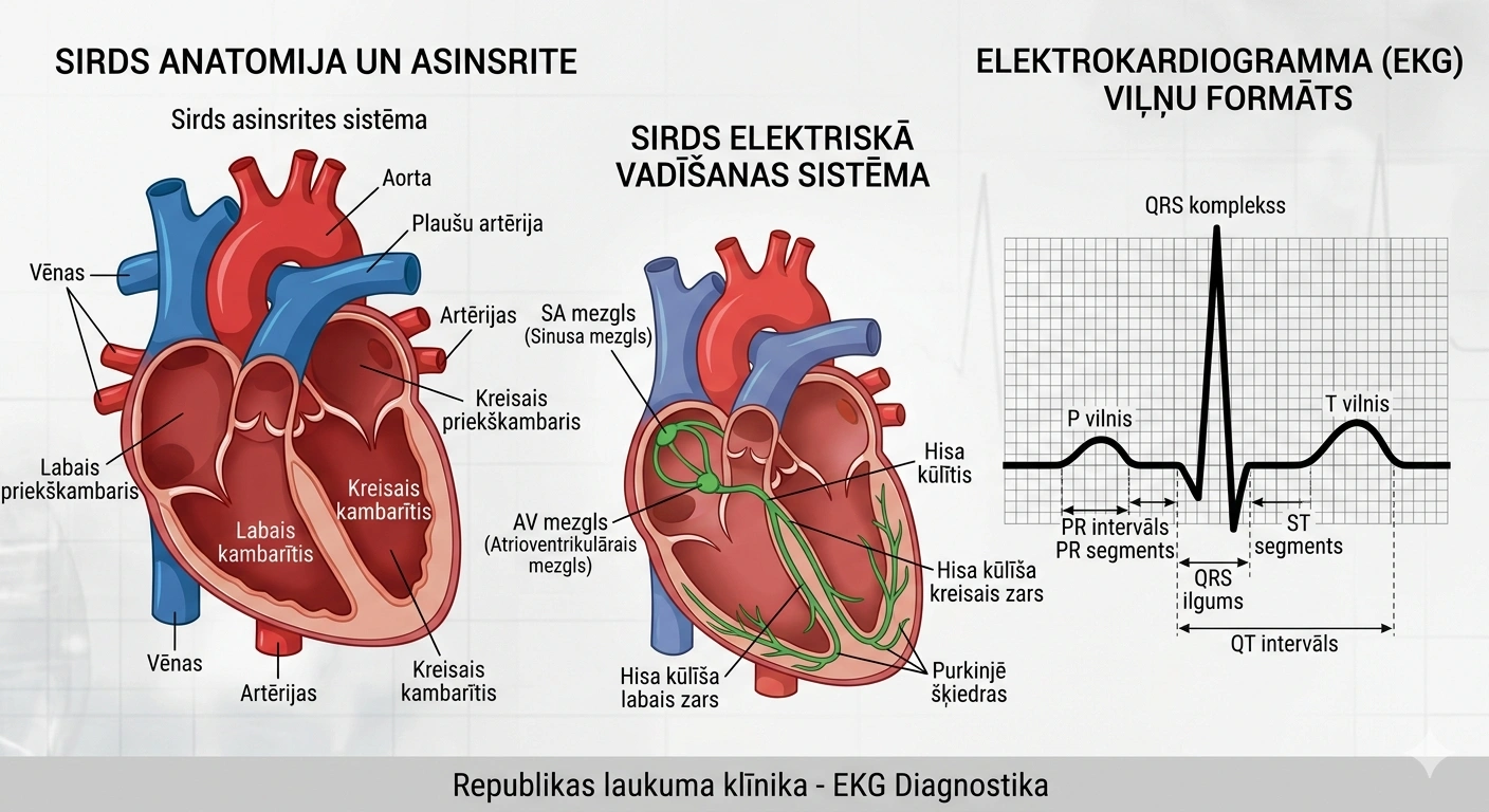 Sirds anatomijas un EKG viļņu skaidrojums – infografika par sirds asinsrites sistēmu un elektrokardiogrammas mērījumiem