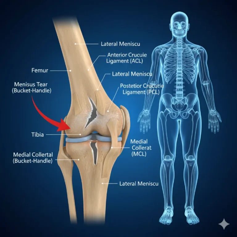 Shematisks attēls par meniska plīsumu, kuru ārstē traumatologs.