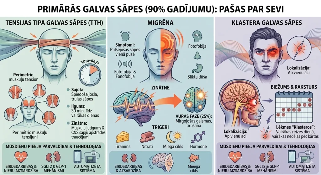 Primāras galvassāpes - tensija tipa, migrēna vai klastera galvas sāpes