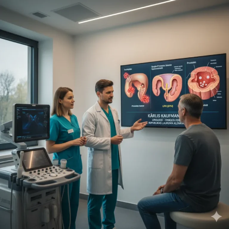 Urologs medicīnas kabinetā analizē prostatas ultrasonogrāfijas attēlu un soli pa solim izskaidro pacientam prostatas anatomiju, novērotās izmaiņas un to klīnisko nozīmi.