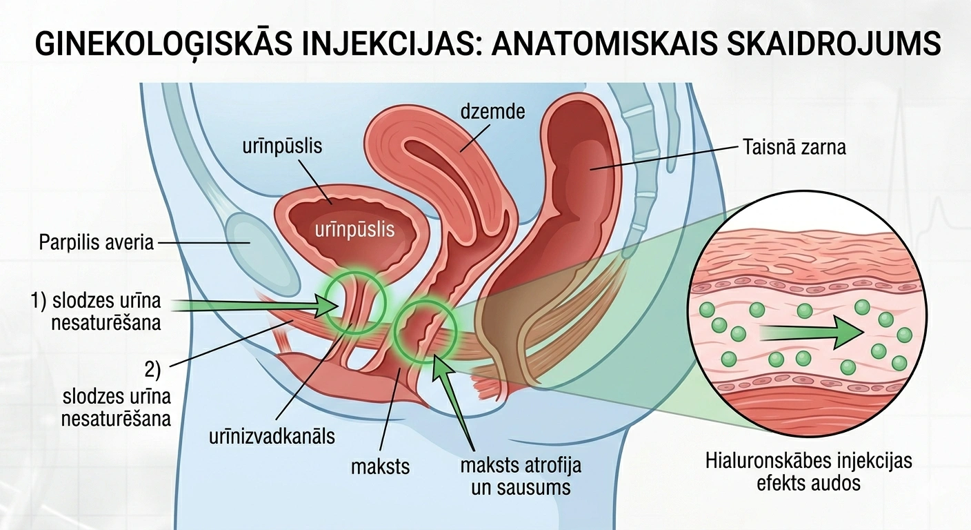 Ginekoloģisko hialuronskābes injekciju mērķa zonas: urīnizvadkanāla atbalsts un maksts sieniņu mitrināšana