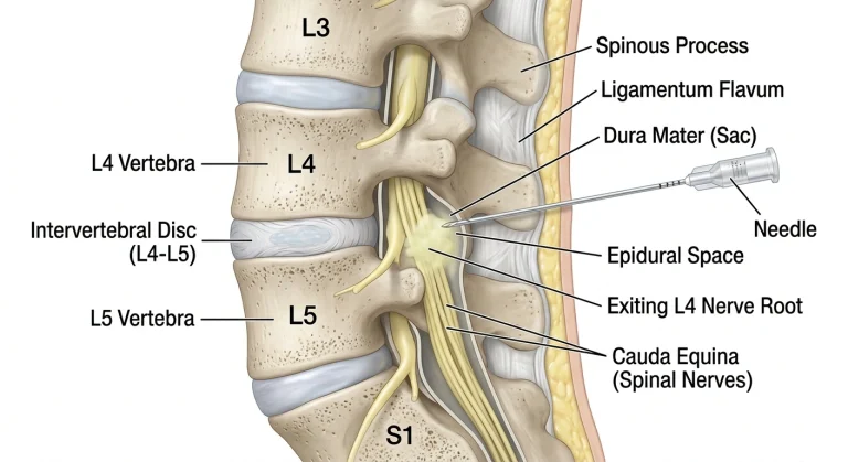 Epidurālās blokādes procedūras anatomiskā shēma – adatas pozīcija mugurkaulā.