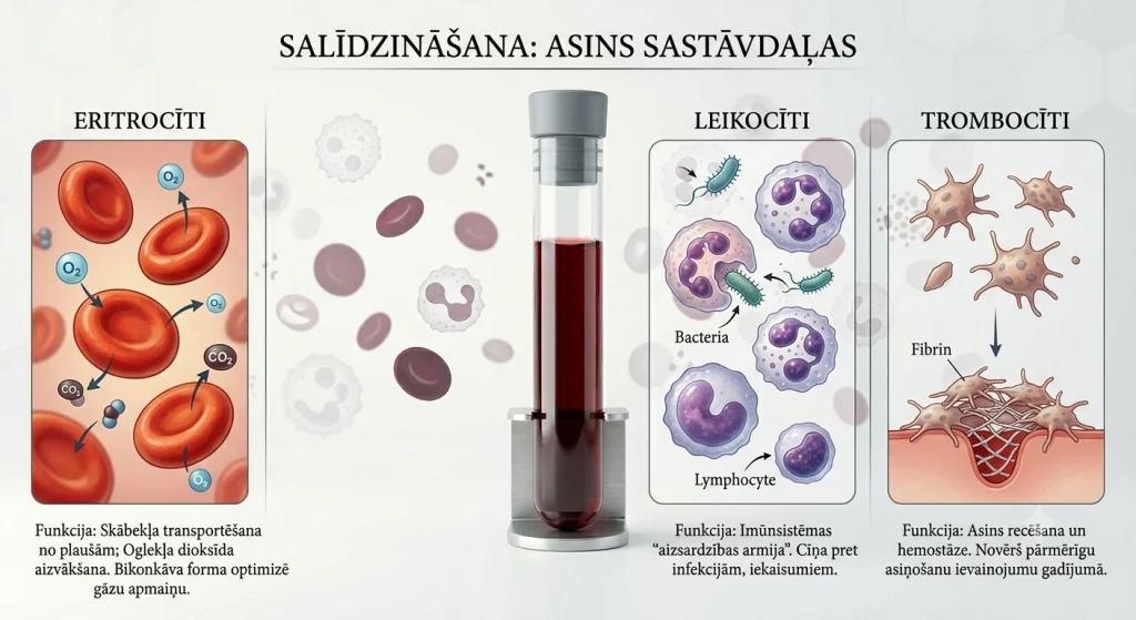 Asins sastāvdaļas - eritrocīti, leikocīti un trombocīti