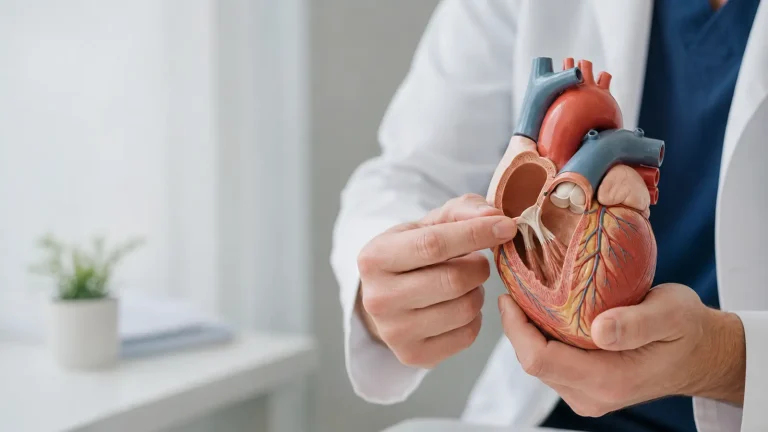 Sirds ķirurgs skaidro aortas vārstuļa stenozes ārstēšanu, izmantojot sirds anatomisko modeli