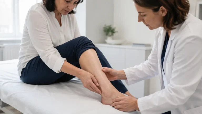 Flebologs pārbauda pacientes pietūkušo kāju.